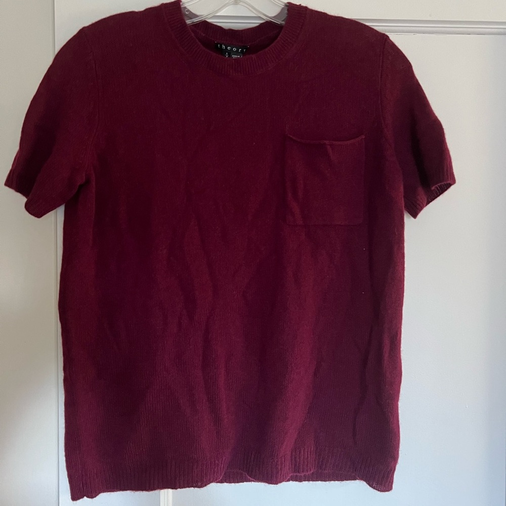 THEORY Tollie cashmere pocket sweater tee bright cassis plum -S-NWT!